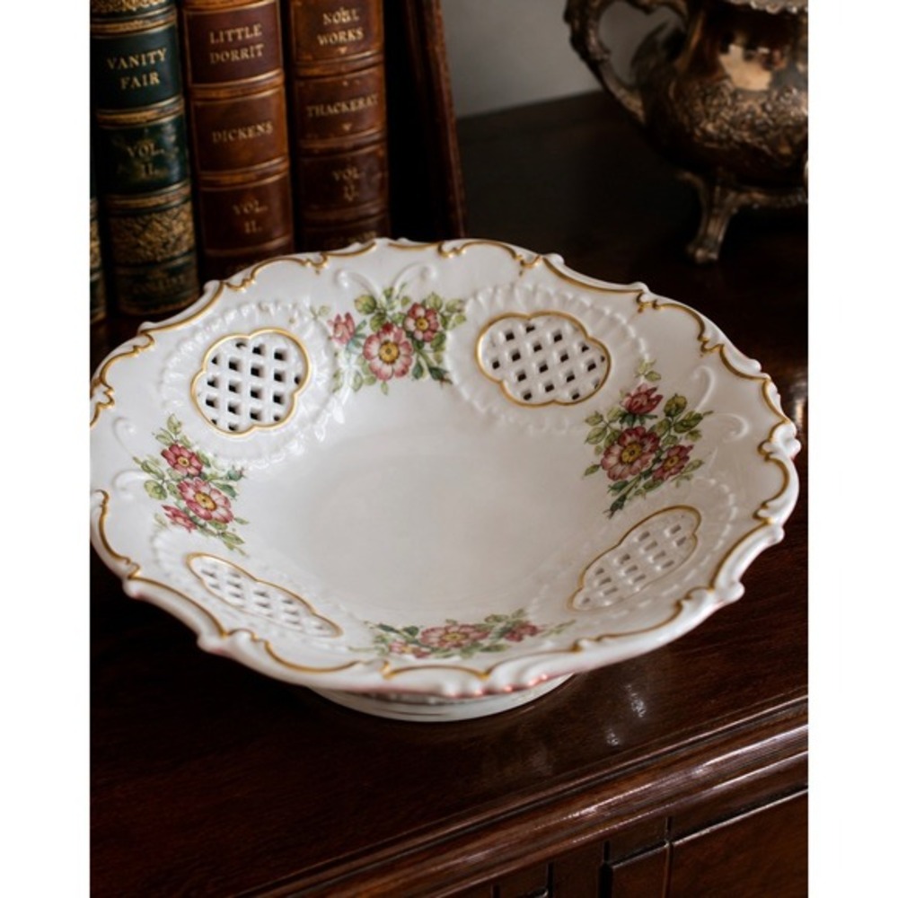 Pirkenhammer Bohemia Reticulated Floral Porcelain Bowl Gold Gilt 9.5 Czech